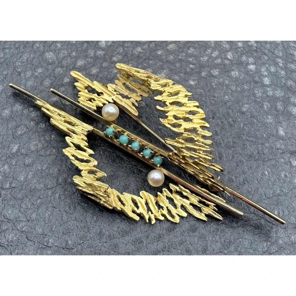 Vintage 18K Yellow Gold Abstract Modernist Style Pearl Blue Stone Brooch Pin